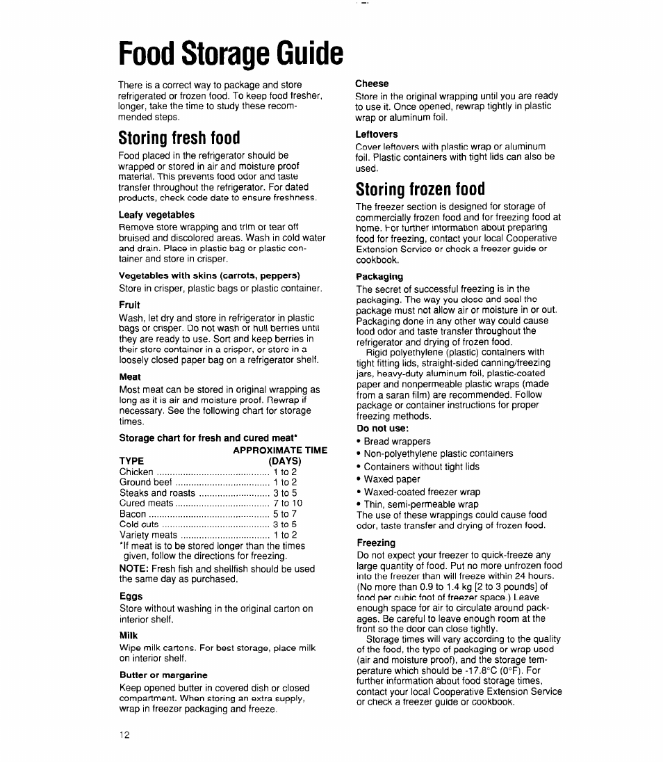 Food storage guide, Storing fresh food, Fruit | Meat, Approximate time type (days), Eggs, Milk, Cheese, Leftovers, Storing frozen food | Whirlpool 6ET18RK User Manual | Page 12 / 16