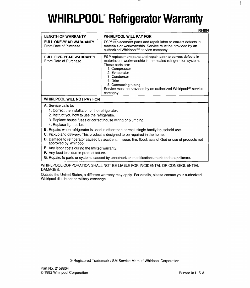 Whirlpool" refrigerator warranty, Whirlpool refrigerator warranty | Whirlpool 6ET18RK User Manual | Page 16 / 16