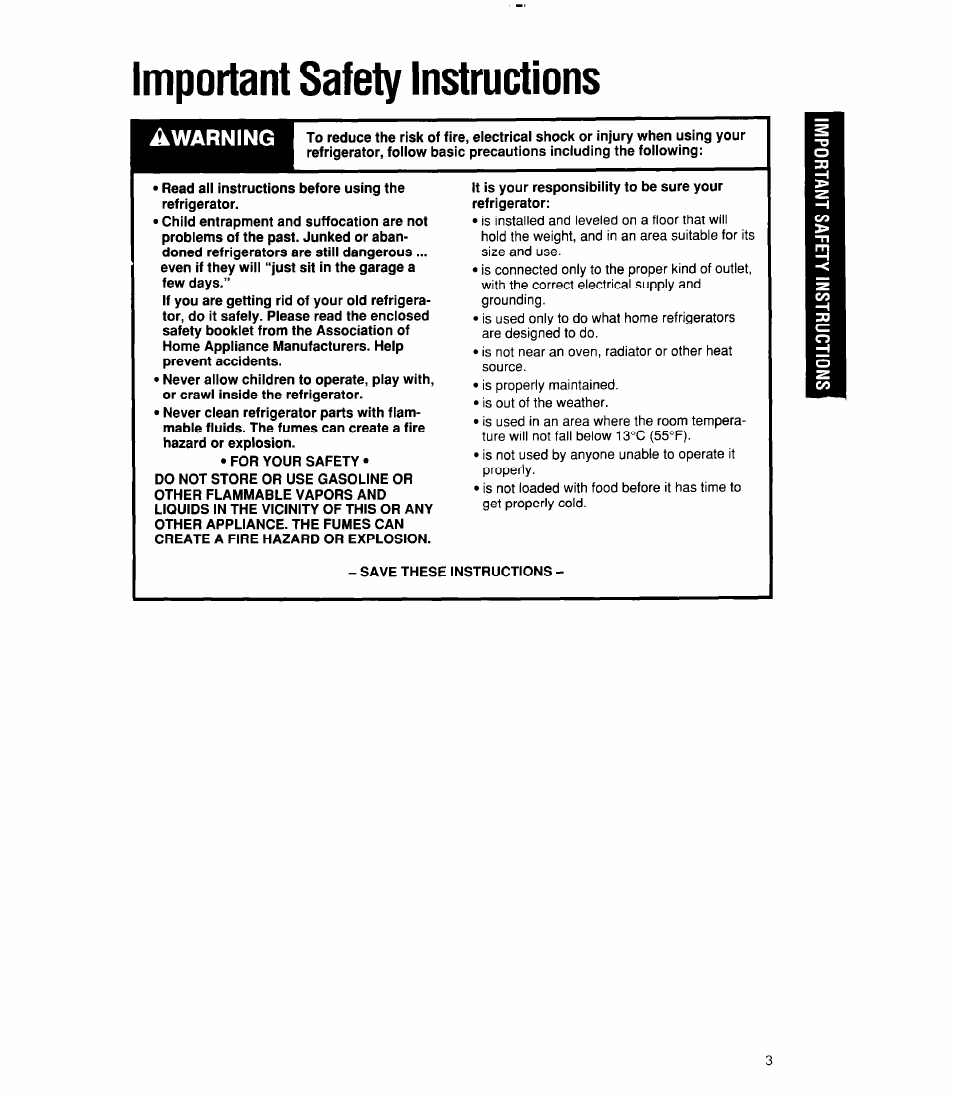 Important safety instructions, Warning | Whirlpool 6ET18RK User Manual | Page 3 / 16