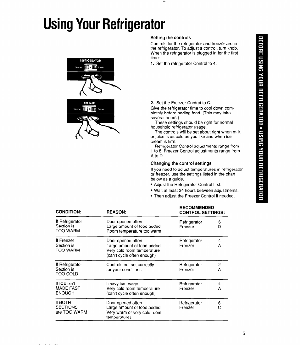 Using your refrigerator, Setting the controls, Recommended control settings | Cleaning your refrigerator | Whirlpool 6ET18RK User Manual | Page 5 / 16