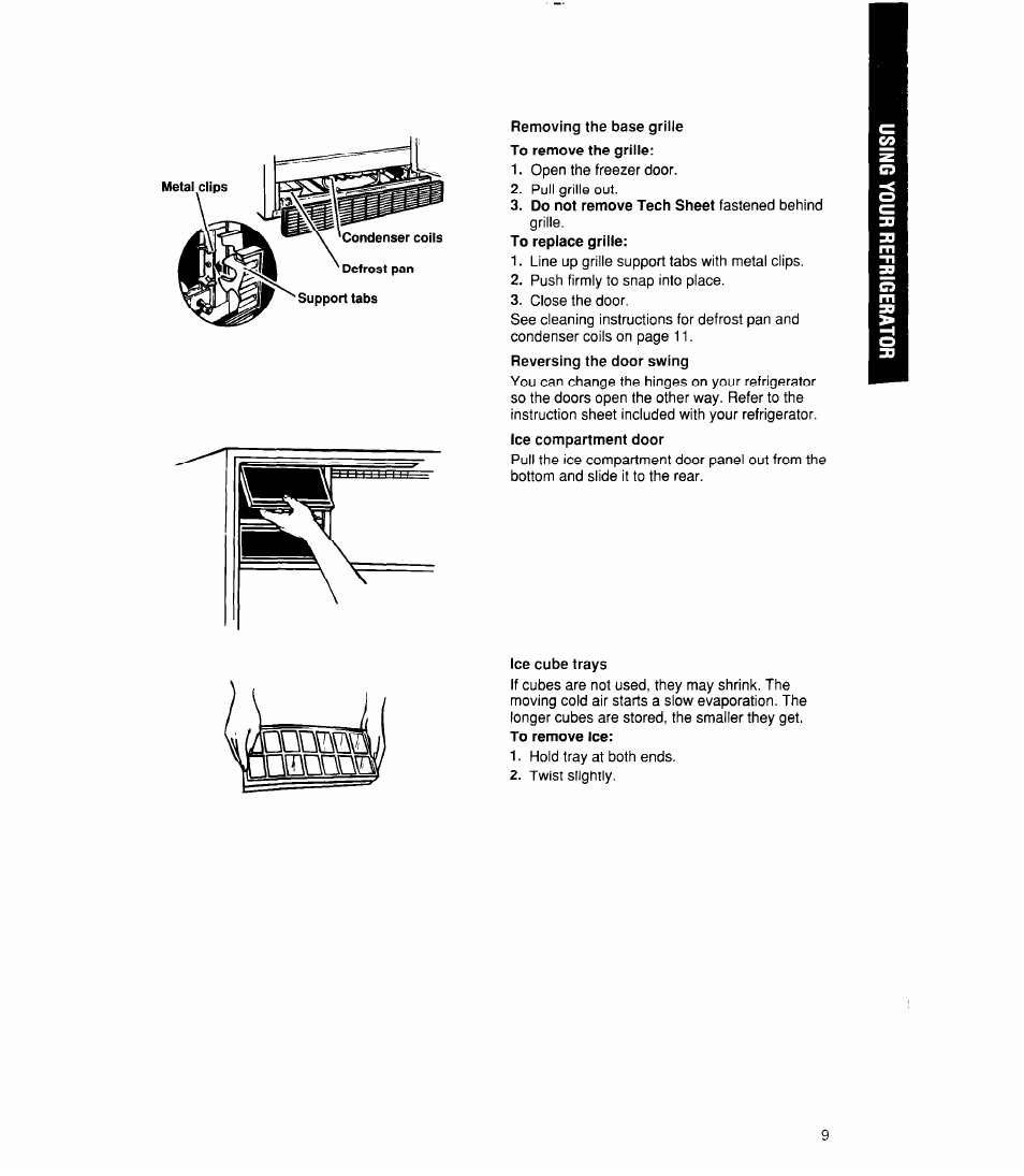 Removing the base grille to remove the grille, Ice cube trays, Oqom | Whirlpool 6ET18RK User Manual | Page 9 / 16