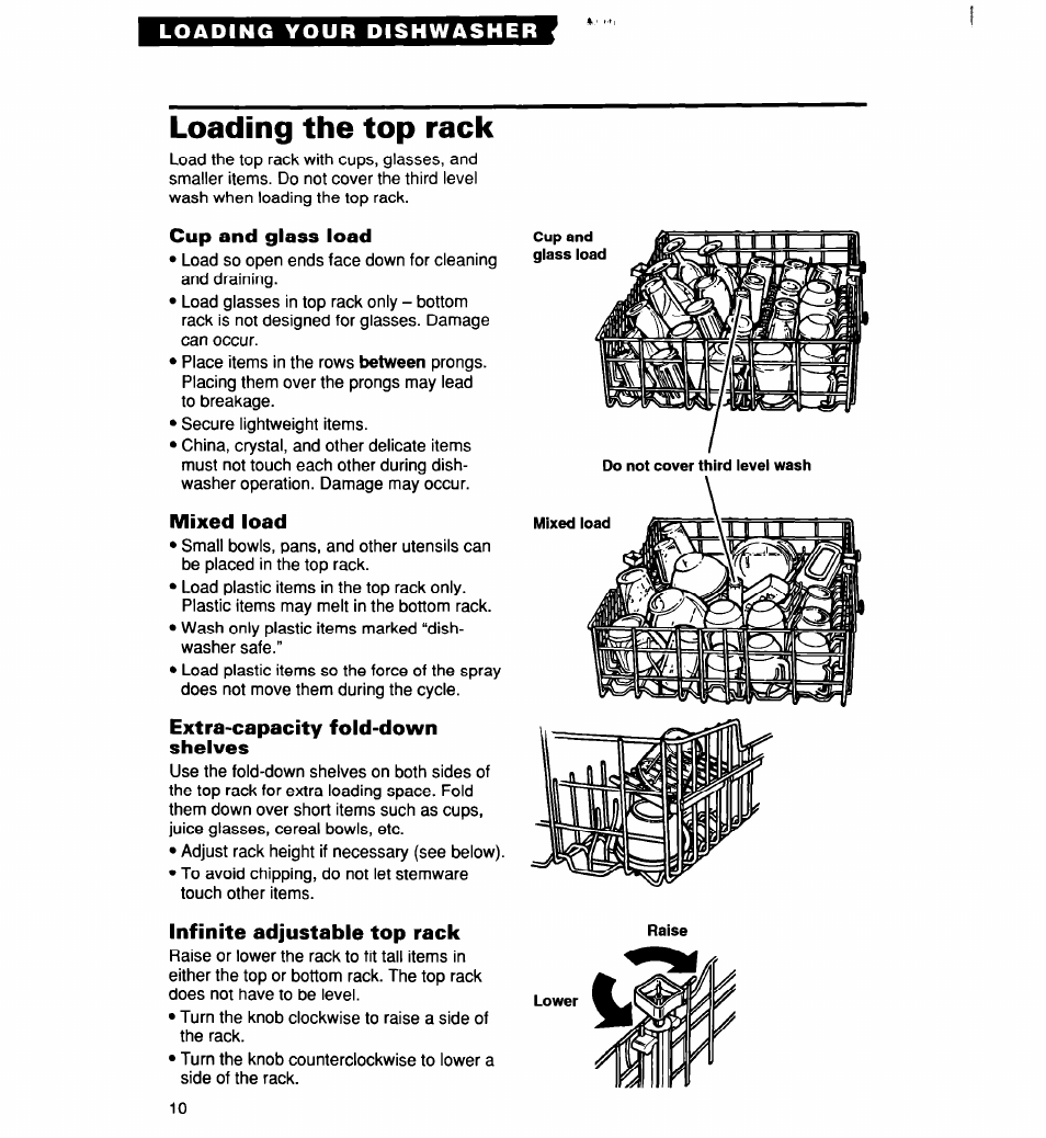 Loading the top rack, Cup and glass load, Mixed load | Extra-capacity fold-down shelves, Infinite adjustable top rack | Whirlpool 960 User Manual | Page 10 / 28