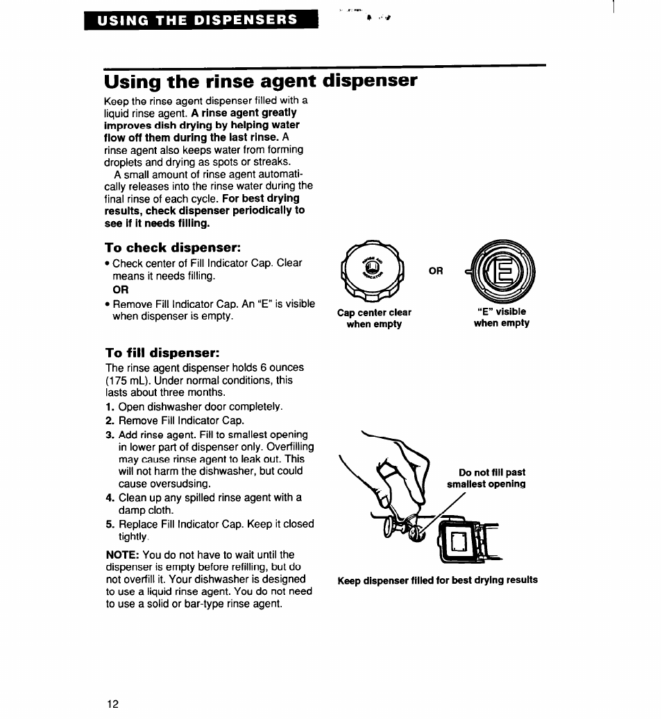 Using the rinse agent dispenser, To check dispenser, To fill dispenser | Whirlpool 960 User Manual | Page 12 / 28