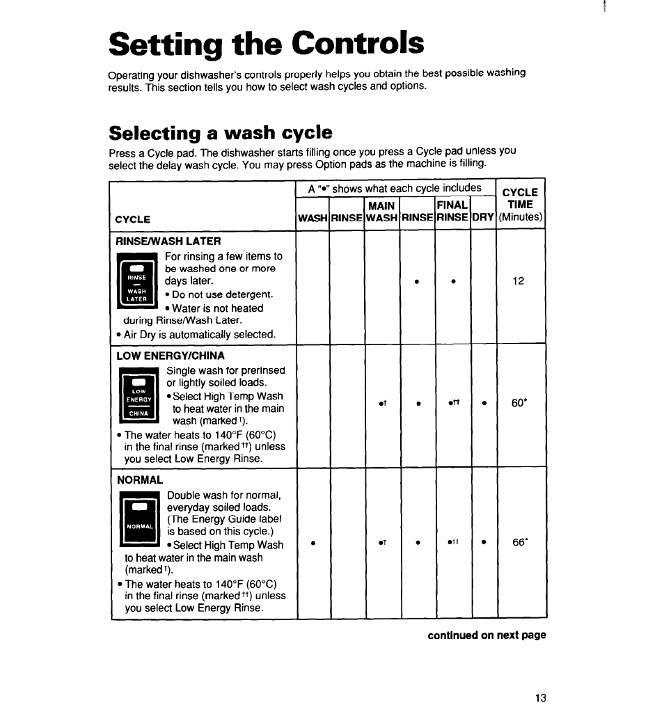 Setting the controls, Selecting a wash cycle | Whirlpool 960 User Manual | Page 13 / 28