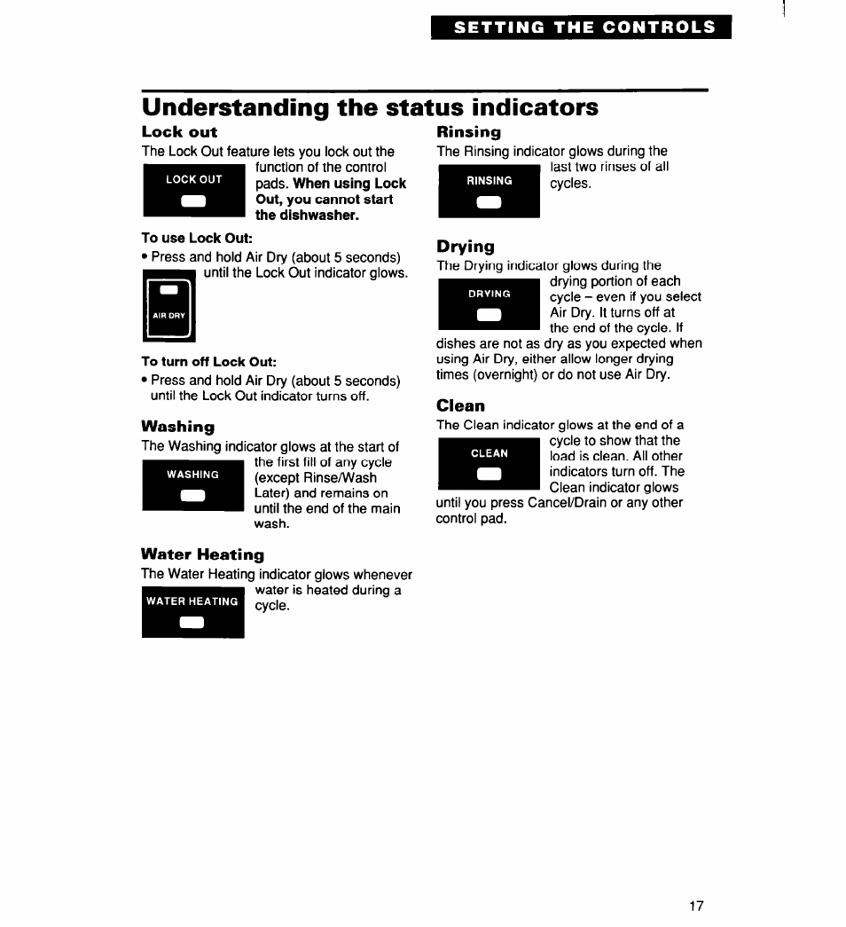 Understanding the status indicators, Lock out, Washing | Water heating, Rinsing, Drying, Clean | Whirlpool 960 User Manual | Page 17 / 28