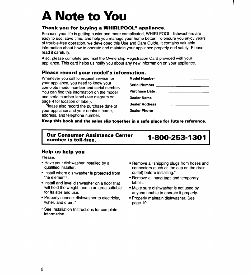 A note to you, Thank you for buying a whirlpool® appliance, Please record your model's information | Our consumer assistance center number is toll-free, Help us help you | Whirlpool 960 User Manual | Page 2 / 28