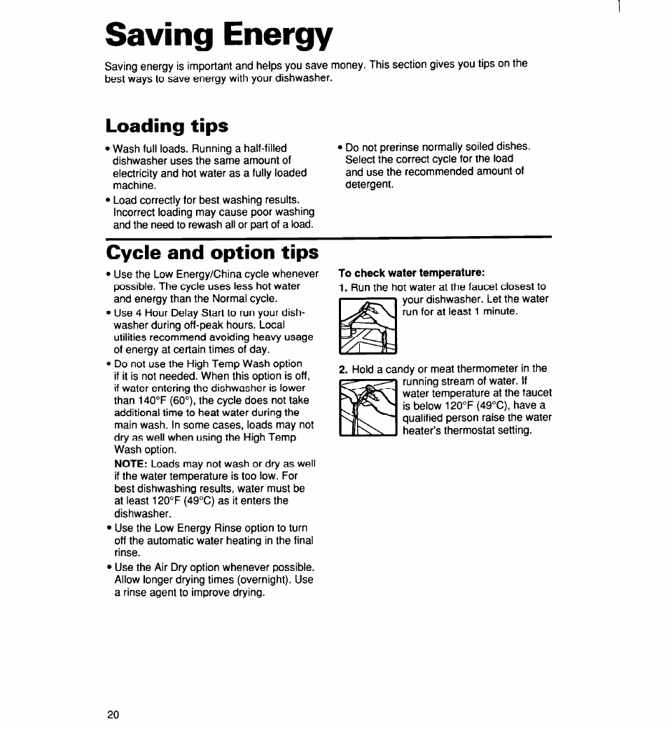 Saving energy, Loading tips, Cycle and option tips | Whirlpool 960 User Manual | Page 20 / 28