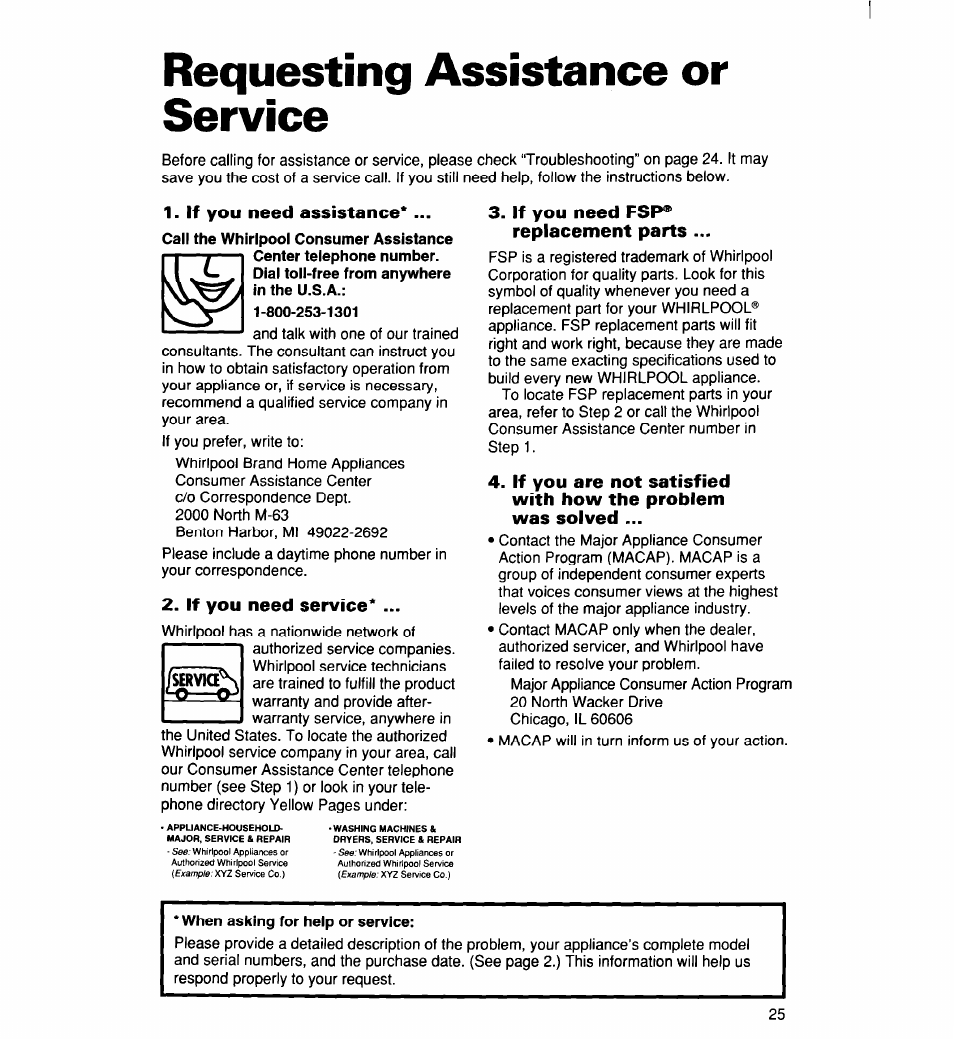 Requesting assistance or service, If you need assistance, If you need service | If you need fsp® replacement parts | Whirlpool 960 User Manual | Page 25 / 28