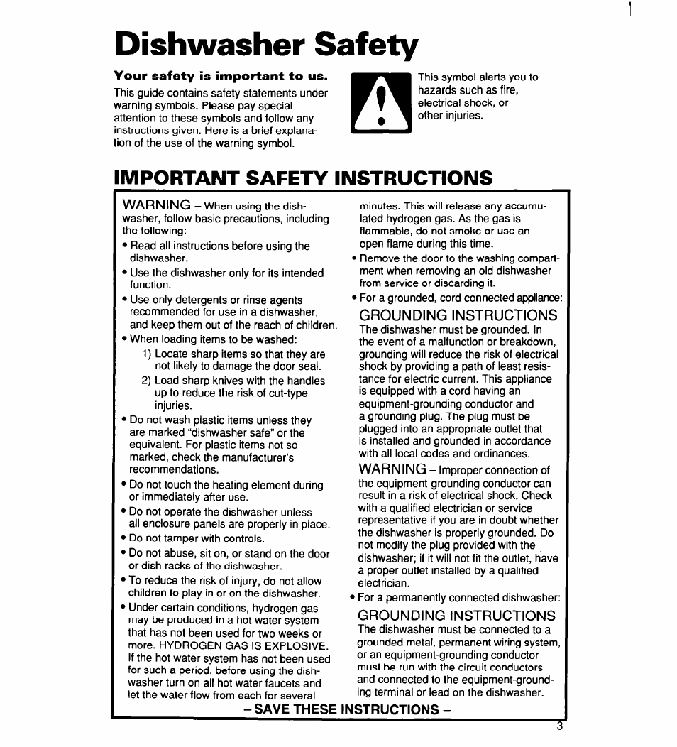 Dishwasher safety, Your safety is important to us, Important safety instructions | Save these, Grounding instructions, Instructions, Warning | Whirlpool 960 User Manual | Page 3 / 28