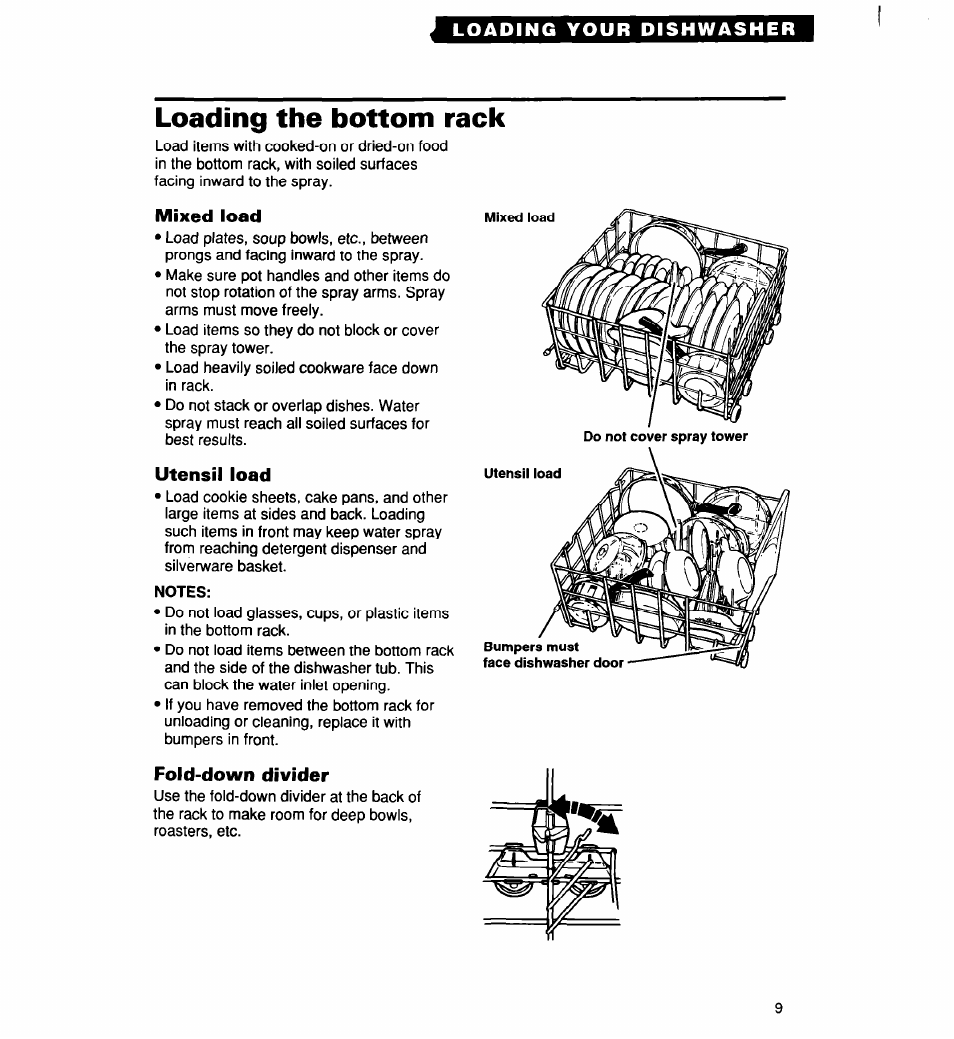 Loading the bottom rack, Mixed load, Utensil load | Fold-down divider | Whirlpool 960 User Manual | Page 9 / 28