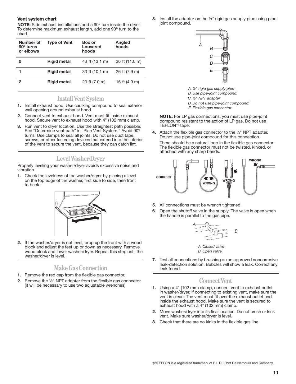 Install vent system, Level washer/dryer, Make gas connection | Connect vent | Whirlpool W10222384A User Manual | Page 11 / 12