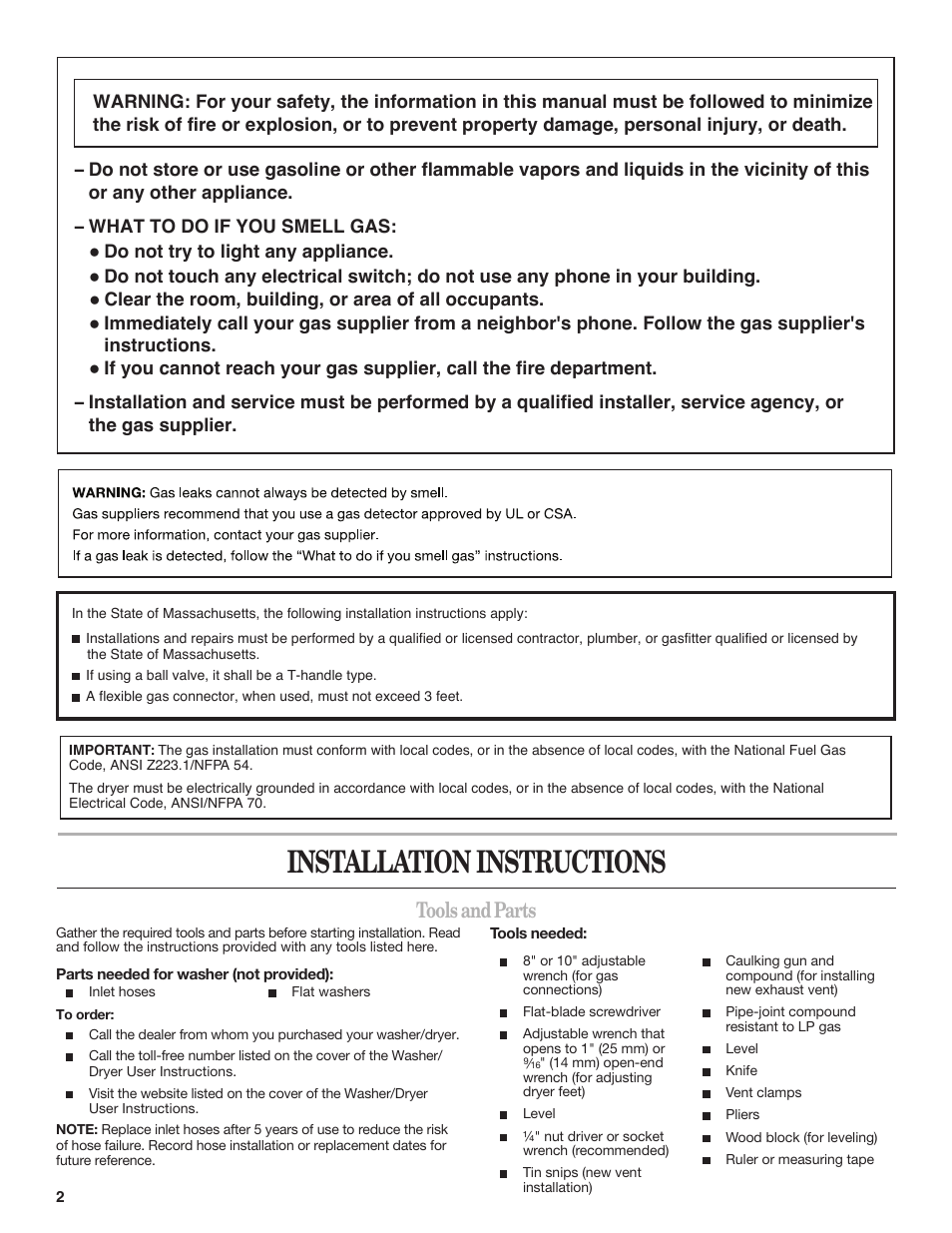 Installation instructions, Tools and parts | Whirlpool W10222384A User Manual | Page 2 / 12