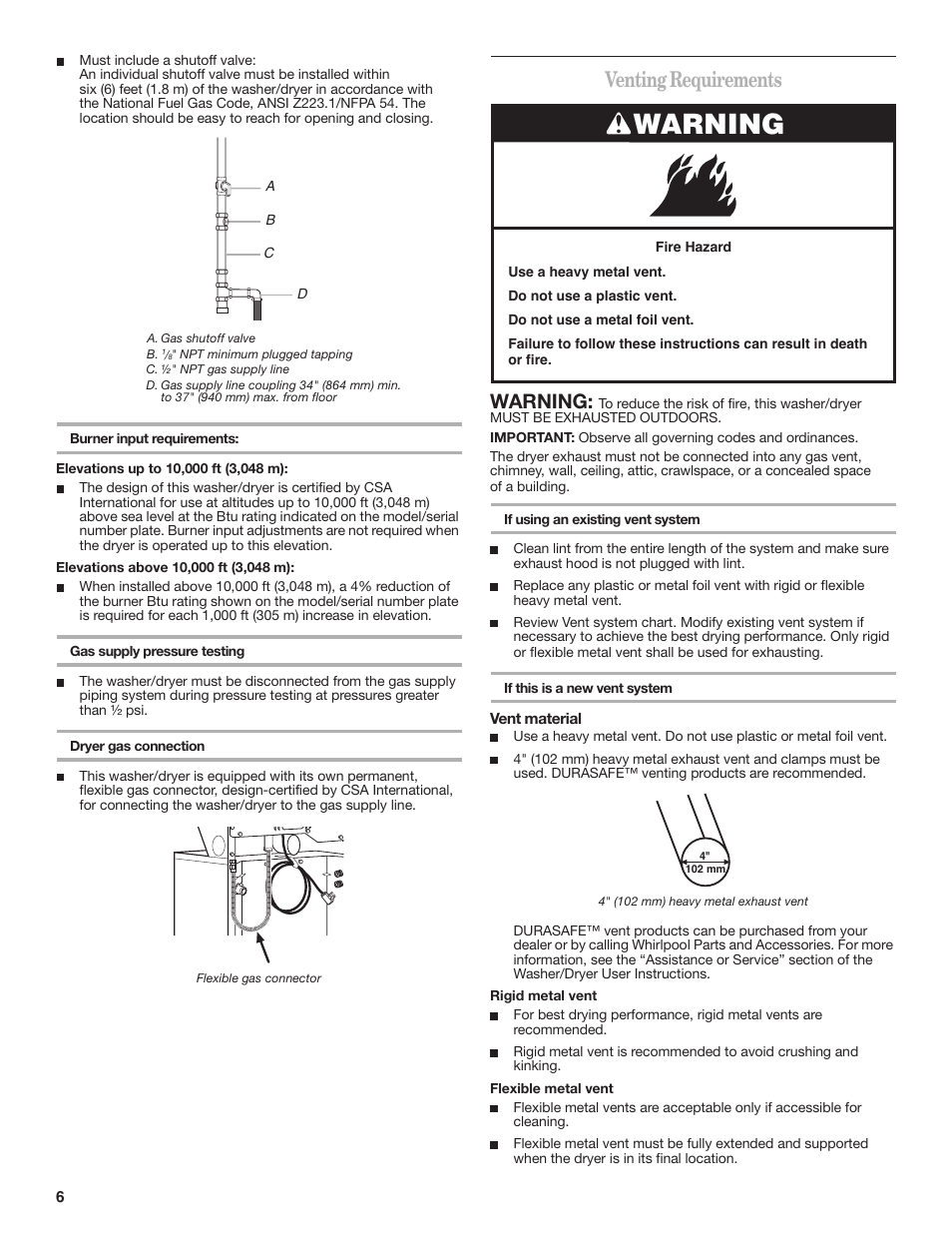 Venting requirements, Warning | Whirlpool W10222384A User Manual | Page 6 / 12