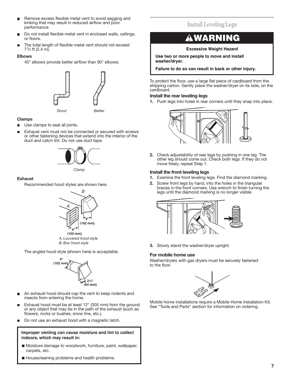 Warning, Install leveling legs | Whirlpool W10222384A User Manual | Page 7 / 12