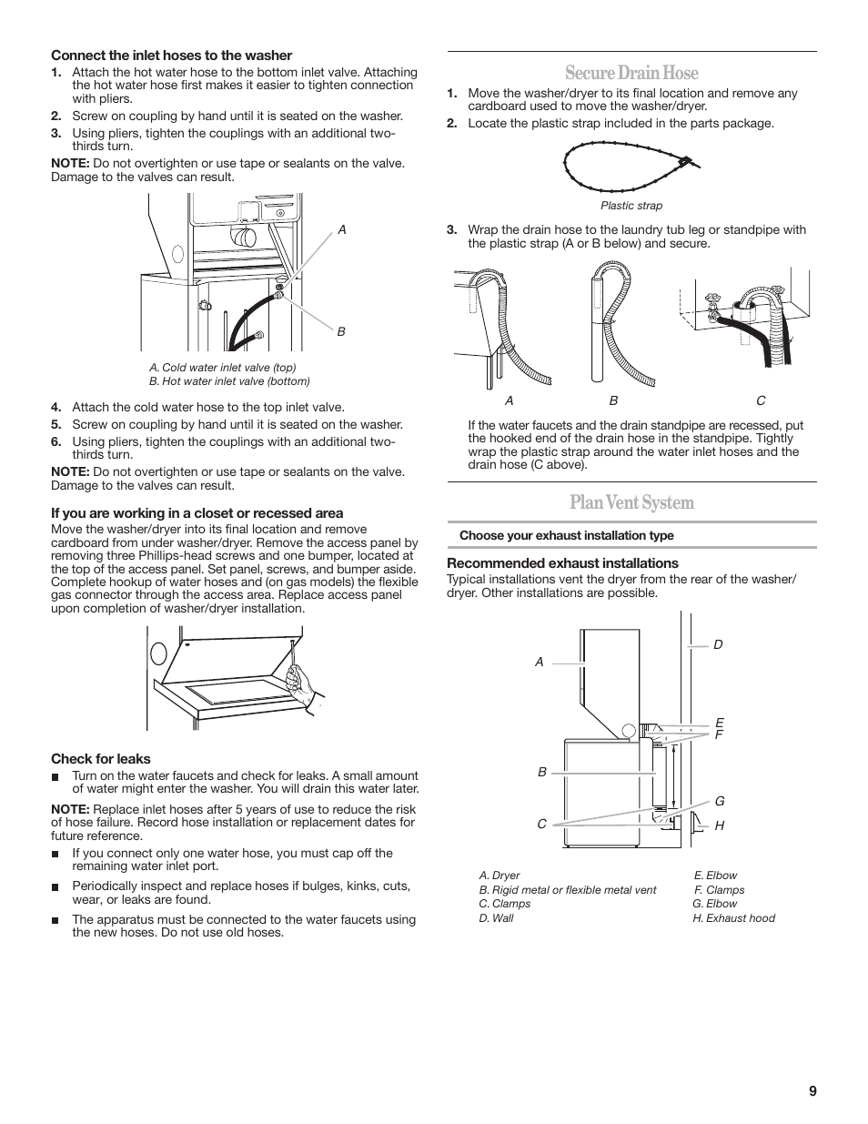 Secure drain hose, Plan vent system | Whirlpool W10222384A User Manual | Page 9 / 12