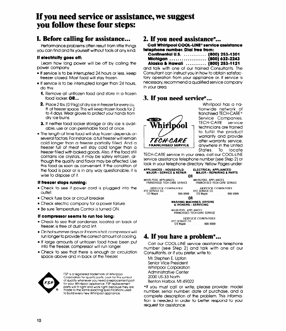 Before calling for assistance, If you need assistance, If you need service | If you have a problem, Vwrip2)l, Rfc//-ca/t | Whirlpool EV150E User Manual | Page 10 / 12