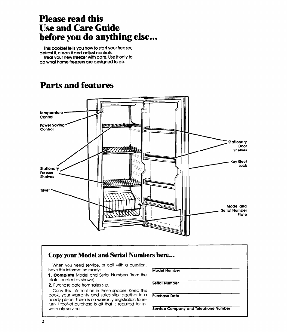 Parts and features, Copy your model and serial numbers here | Whirlpool EV150E User Manual | Page 2 / 12