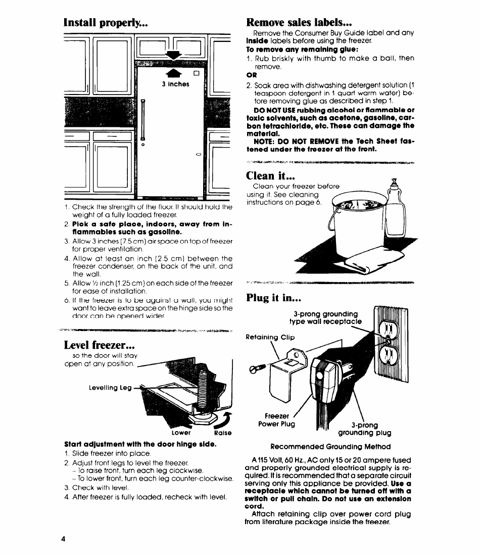 Install properiy, Level freezer, Remove sales labels | Plug it in | Whirlpool EV150E User Manual | Page 4 / 12