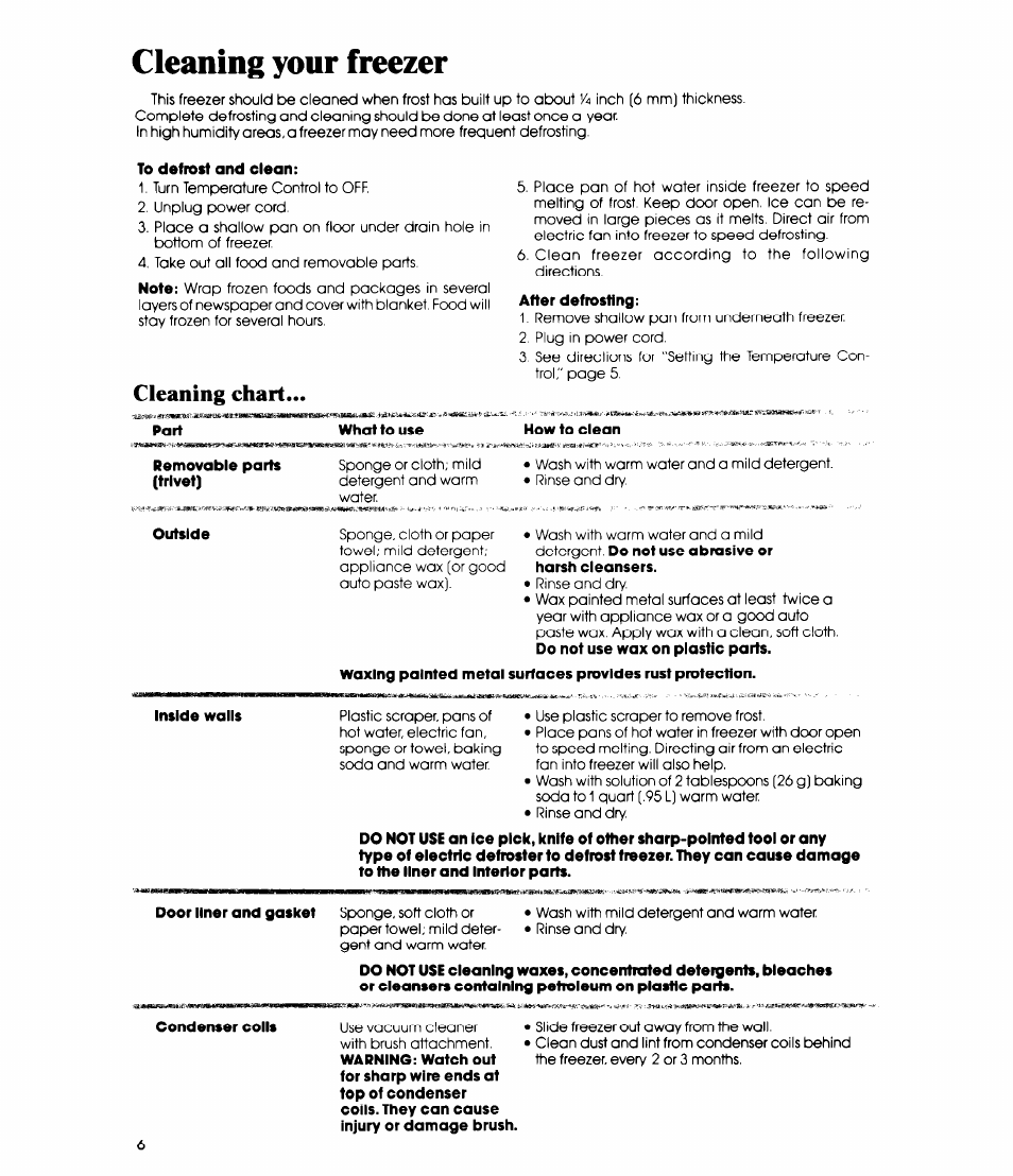 Cleaning your freezer, Cleaning chart | Whirlpool EV150E User Manual | Page 6 / 12
