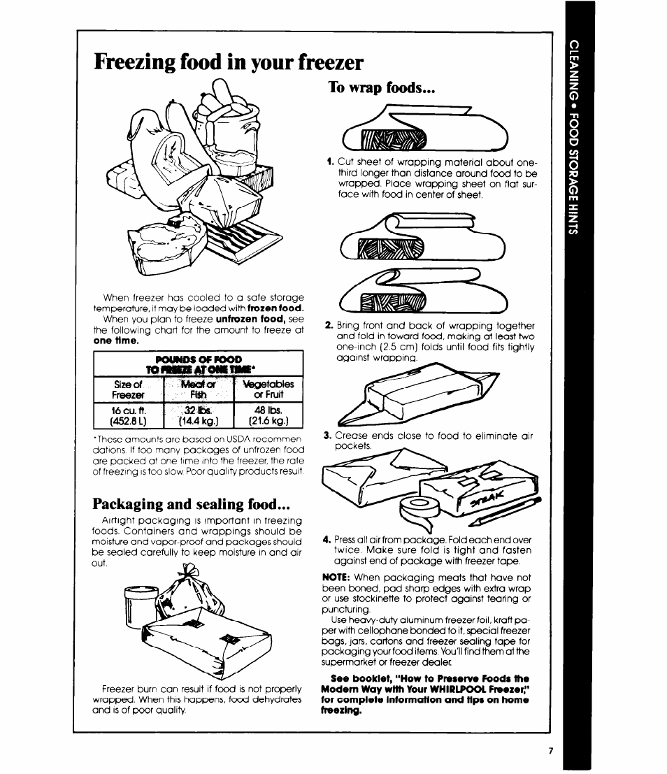 Freezing food in your freezer, To nrap foods, Packaging and sealing food | To wrap foods | Whirlpool EV150E User Manual | Page 7 / 12