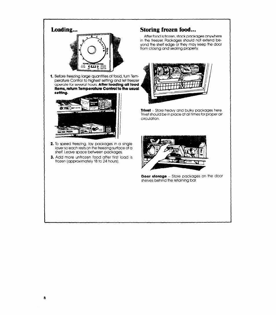 Loading, Storing frozen food, Loading... storing frozen food | Whirlpool EV150E User Manual | Page 8 / 12