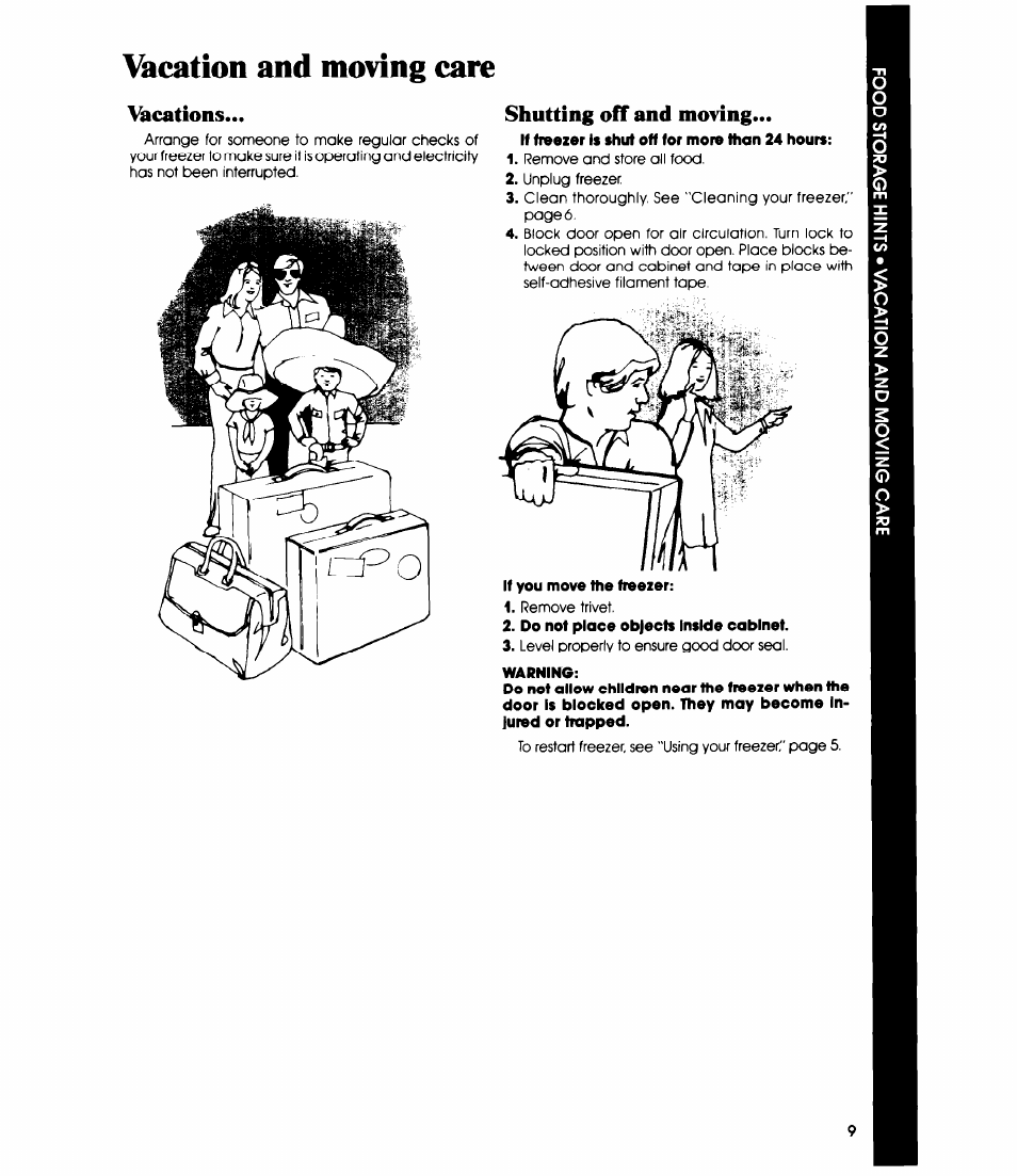 Vacation and moving care, Vacations, Shutting off and moving | Whirlpool EV150E User Manual | Page 9 / 12