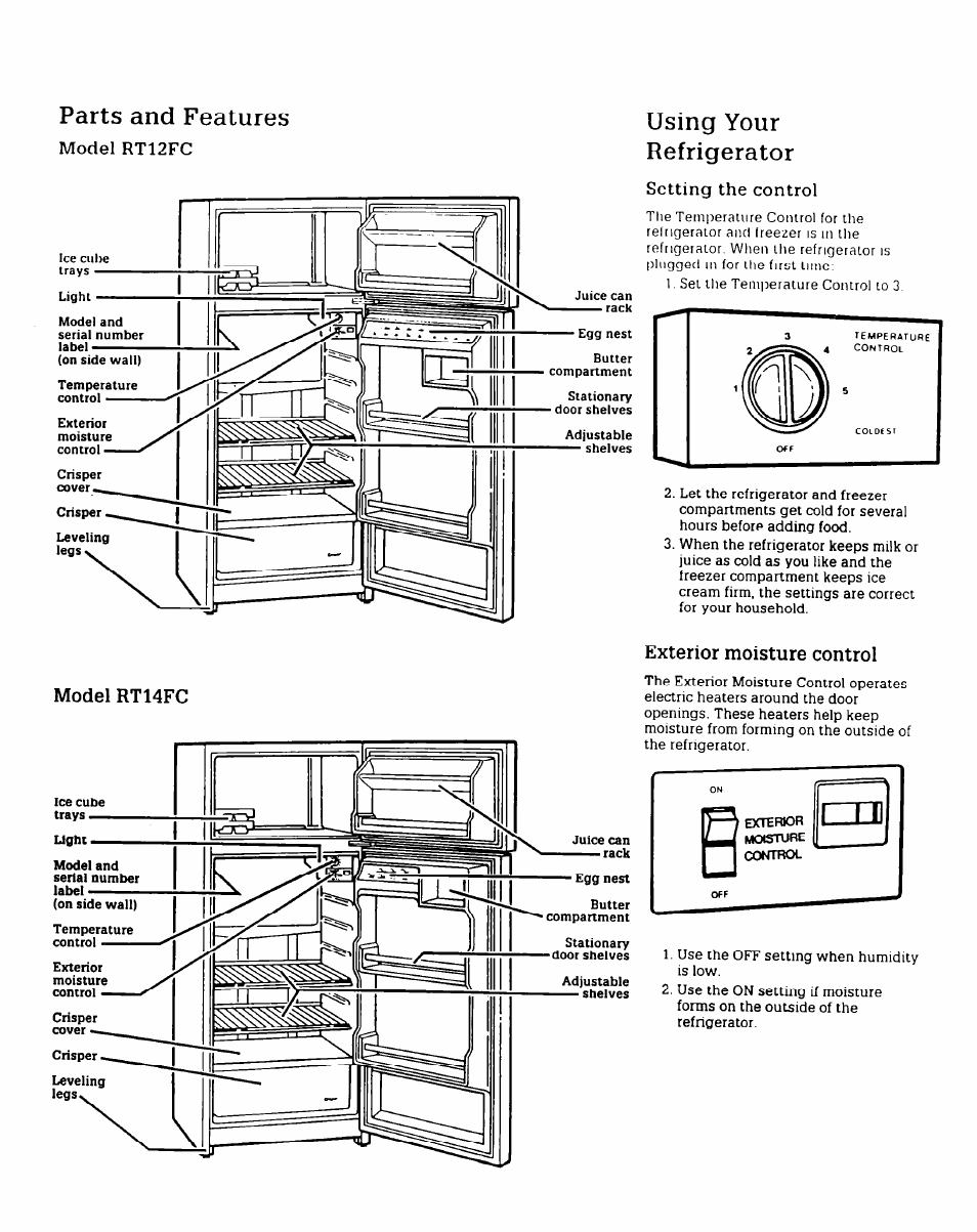Parts and features, Model rt12fc, Using your refrigerator | Model rt14fc, Exterior moisture control | Whirlpool RT12FC User Manual | Page 3 / 8