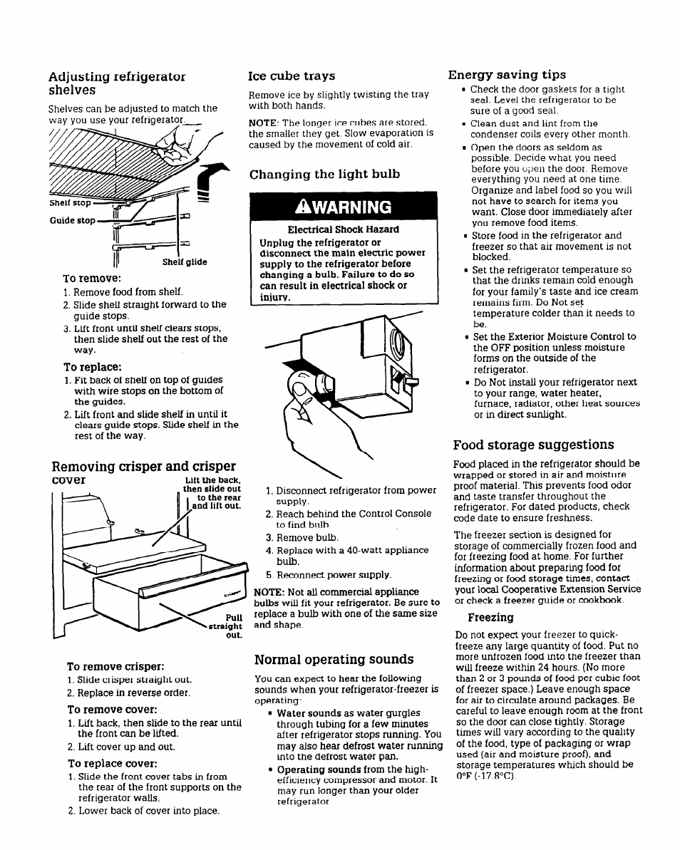 Adjusting refrigerator shelves, To remove, To replace | Removing crisper and crisper, Changing the light bulb, Warning, To remove crisper, To remove cover, To replace cover, Energy saving tips | Whirlpool RT12FC User Manual | Page 4 / 8