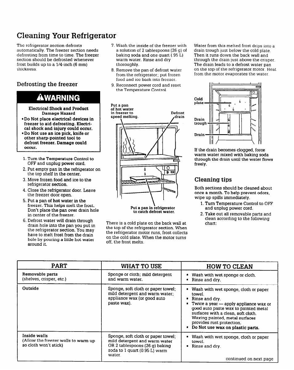 Cleaning your refrigerator, Defrosting the freezer, Cleaning tips | Awarning | Whirlpool RT12FC User Manual | Page 5 / 8
