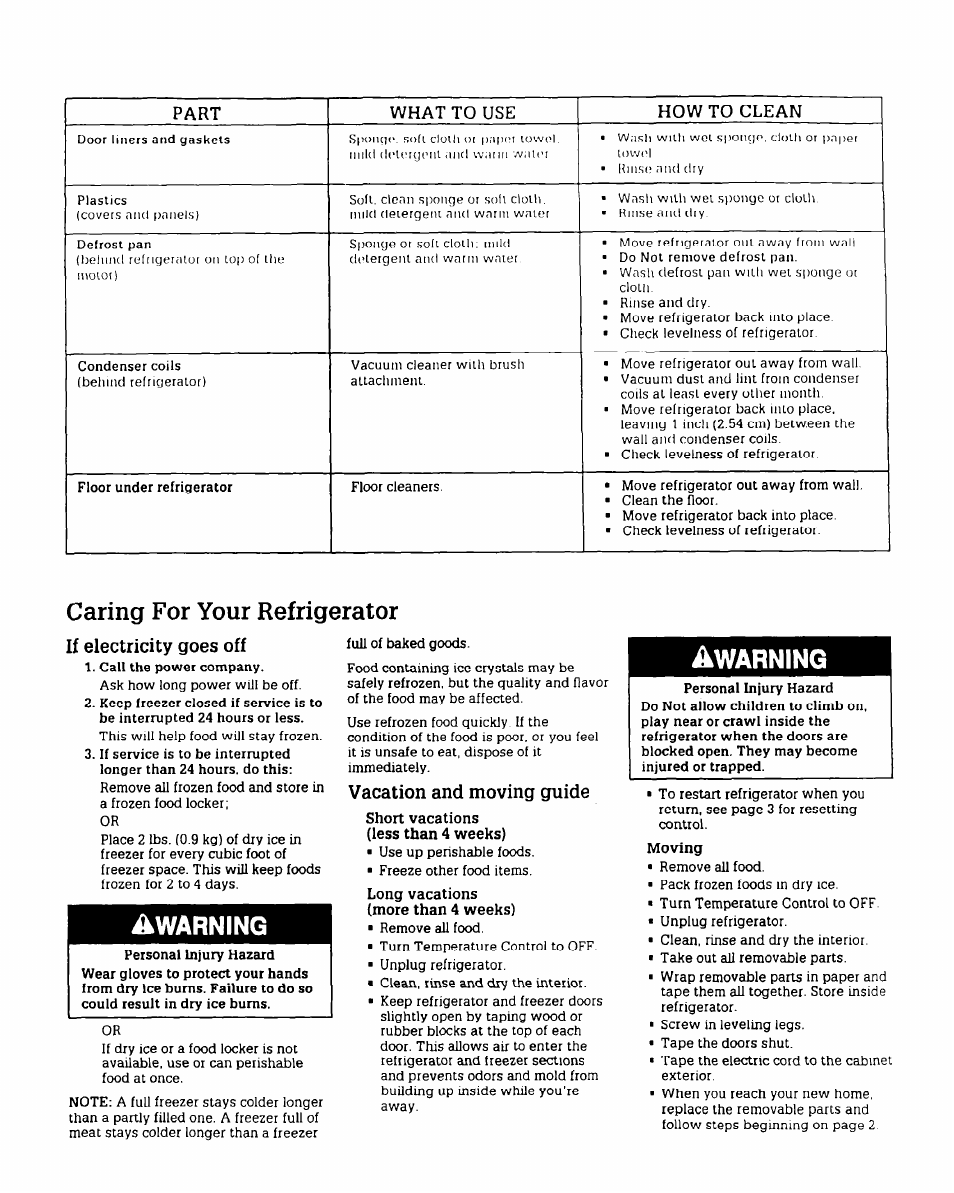 Vacation and moving guide, Short vacations (less than 4 weeks), Long vacations (more than 4 weeks) | Moving, Caring for your refrigerator, Awarning | Whirlpool RT12FC User Manual | Page 6 / 8