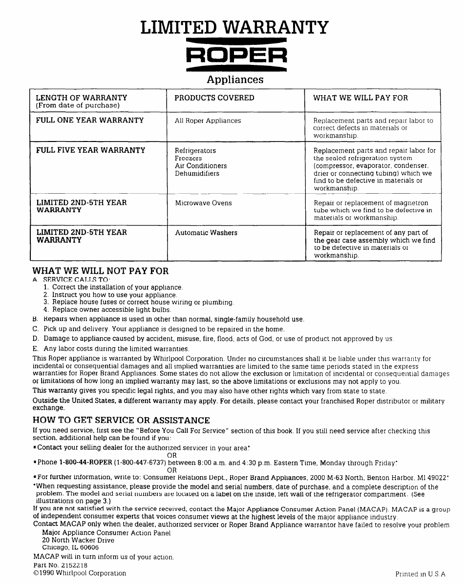 Appliances, What we will not pay for, How to get service or assistance | Limited warranty | Whirlpool RT12FC User Manual | Page 8 / 8