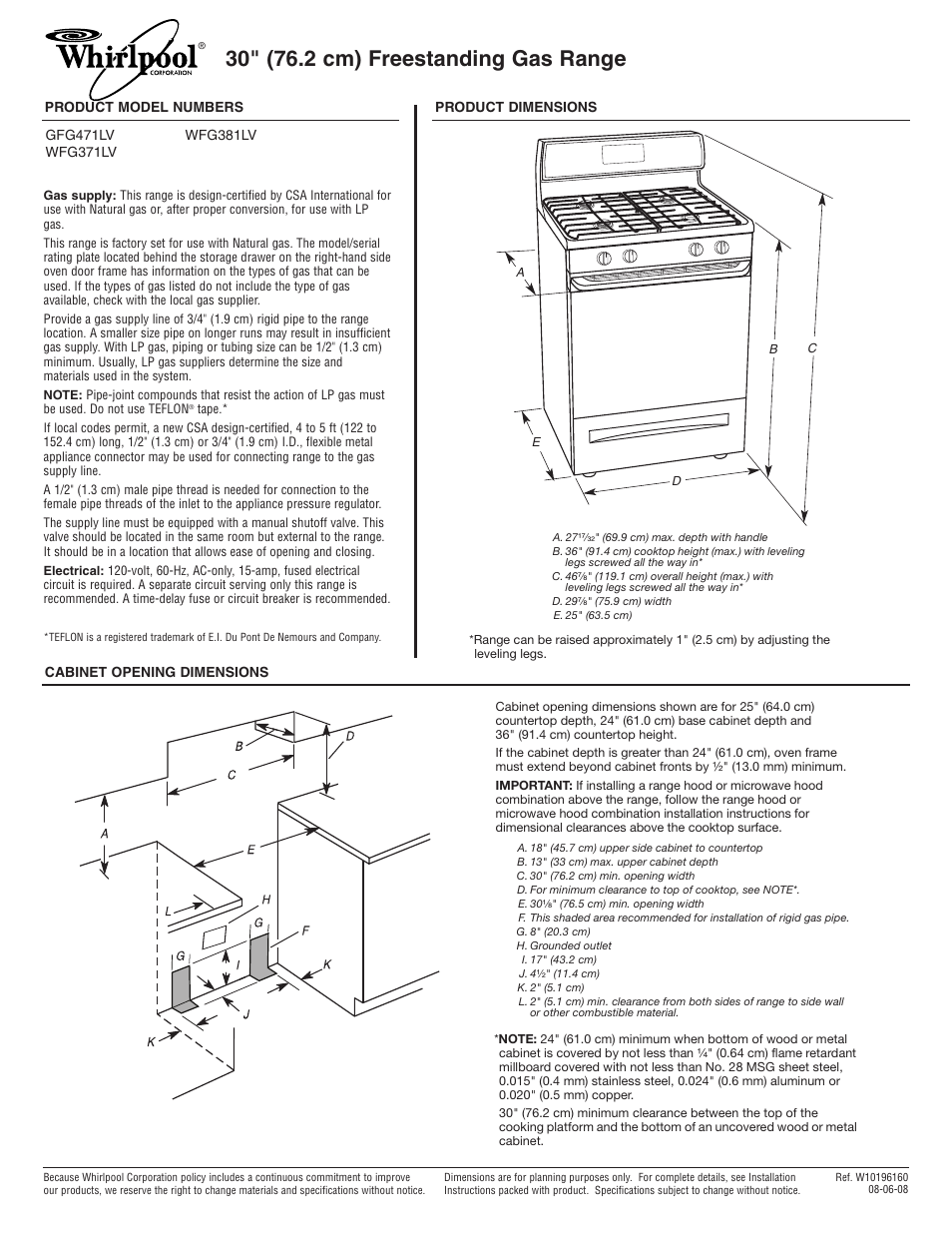 Whirlpool WFG371LV User Manual | 1 page