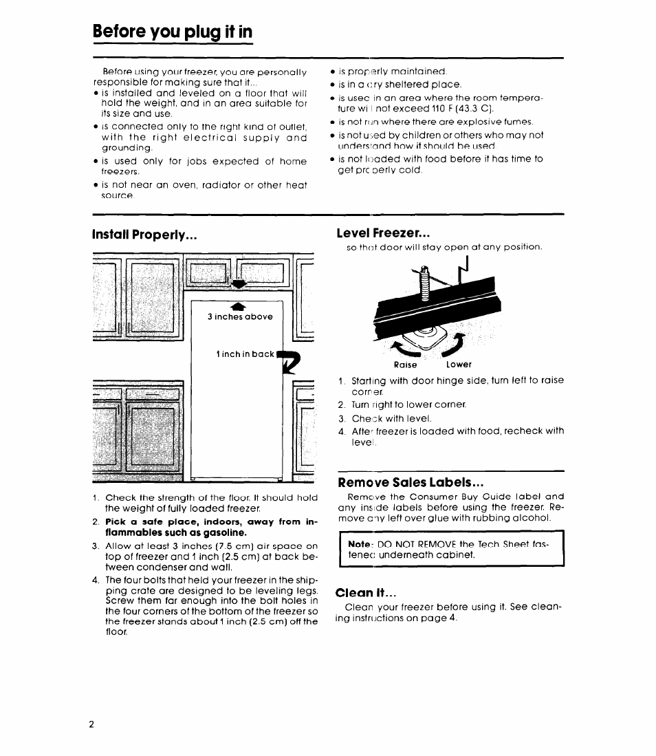 Install properly, Remo ve sales labels, Clean it | Before you plug it in, Level freezer | Whirlpool EV150LXK User Manual | Page 2 / 8