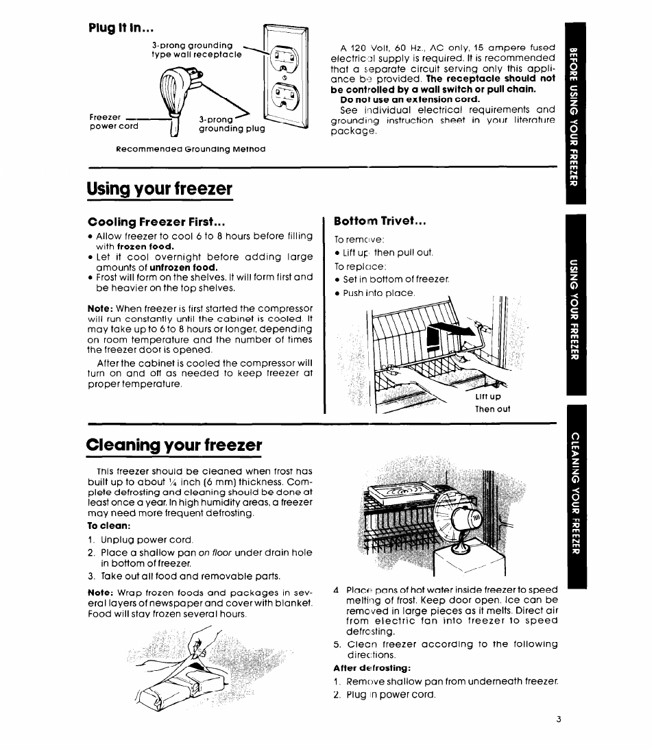 Plug it in, Using your freezer, Cooling freezer first | Bottom trivet, Cleaning your freezer | Whirlpool EV150LXK User Manual | Page 3 / 8
