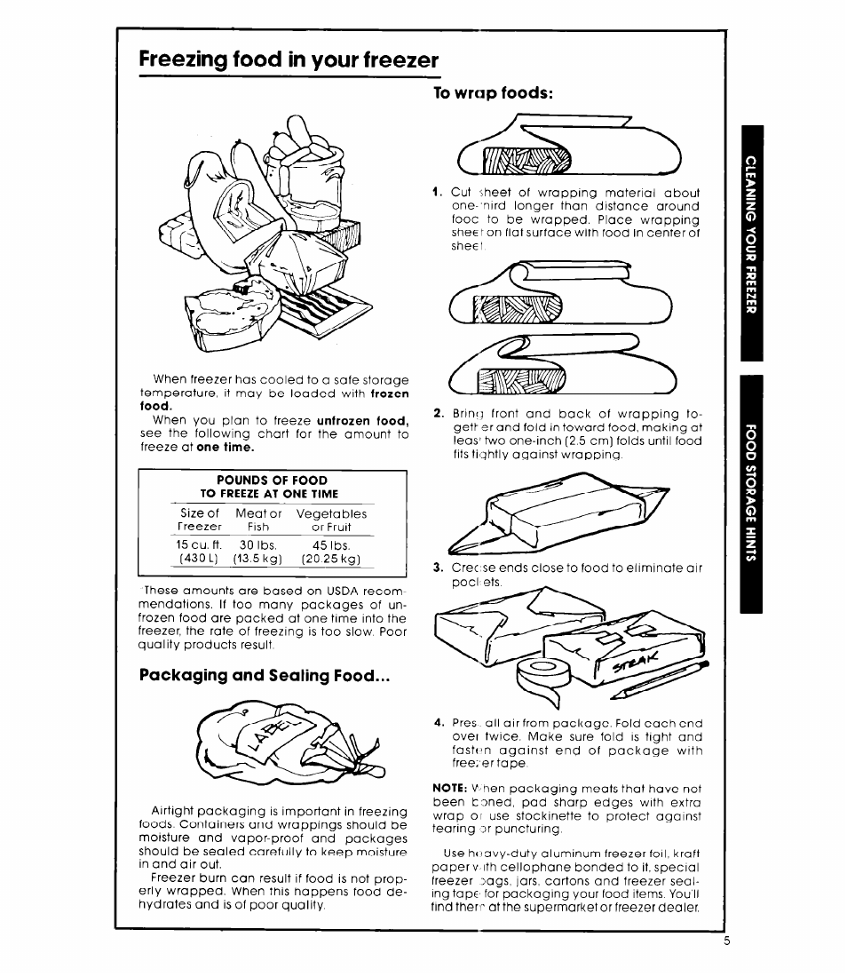 Freezing food in your freezer, Packaging and sealing food, To wrap foods | Whirlpool EV150LXK User Manual | Page 5 / 8