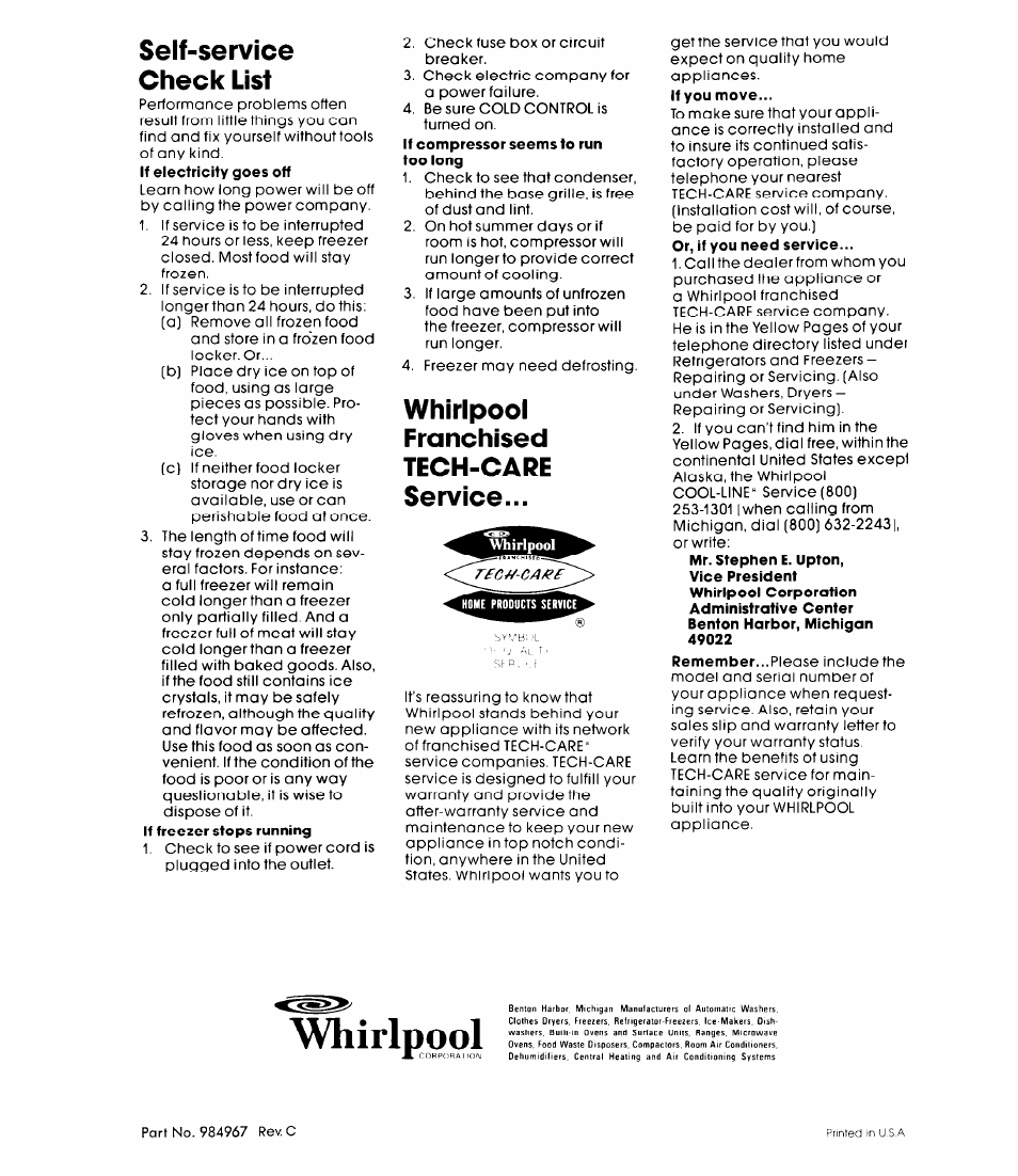 Self-service check list, Whirlpool, Franchised | Tech-care, Service | Whirlpool EEV 202X User Manual | Page 8 / 8