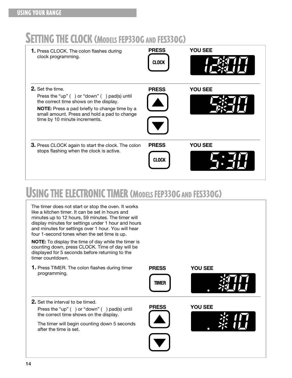 Setting the clock, Using the electronic timer, Etting | Clock, Sing, Electronic, Timer, Fep33og, Fes33og) | Whirlpool FEP330G User Manual | Page 14 / 40