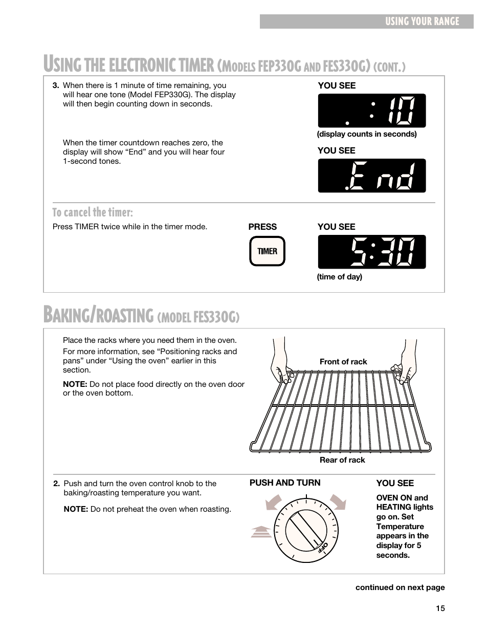 Using the electronic timer, Baking/roasting, Aking | Roasting, Sing, Electronic, Timer, Fes33og, Fep33og, Fes33og) | Whirlpool FEP330G User Manual | Page 15 / 40