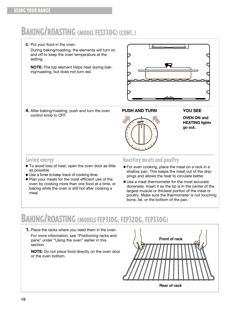 Aking, Roasting, Fes33og | Fep3, Og, fep3, Og, fep33og, Model, Cont, Models, Roasting meats and poultry | Whirlpool FEP330G User Manual | Page 16 / 40