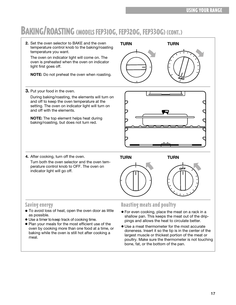 Aking, Roasting, Fep3 | Og, fep3, Og, fep33og, Models, Cont, Roasting meats and poultry, Saving energy, Using your range | Whirlpool FEP330G User Manual | Page 17 / 40