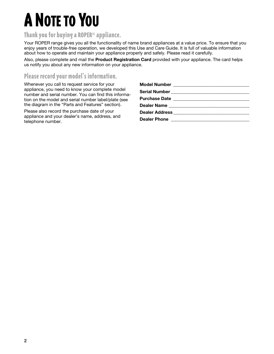A note to you | Whirlpool FEP330G User Manual | Page 2 / 40