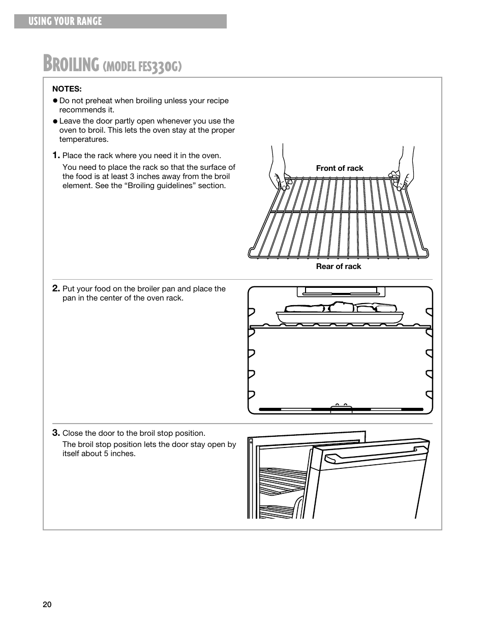Broiling, Roiling, Model | Whirlpool FEP330G User Manual | Page 20 / 40