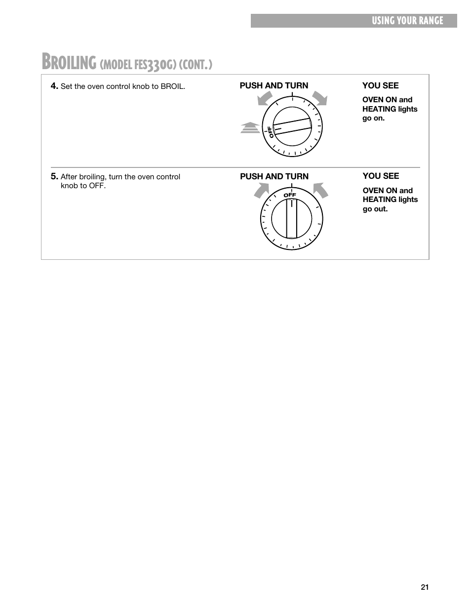 Roiling, Model, Cont | Using your range | Whirlpool FEP330G User Manual | Page 21 / 40