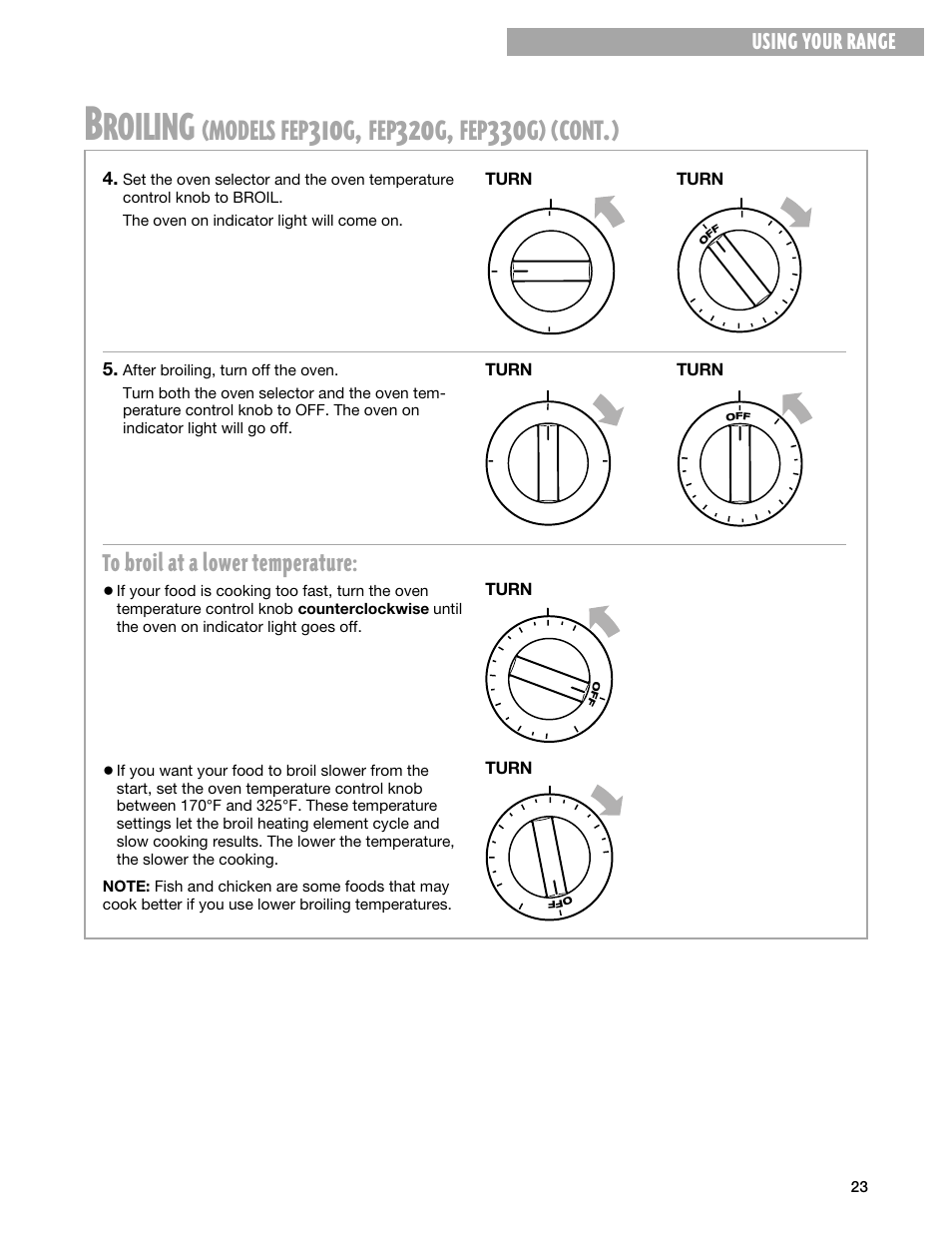 Roiling, Models, Cont | Using your range | Whirlpool FEP330G User Manual | Page 23 / 40