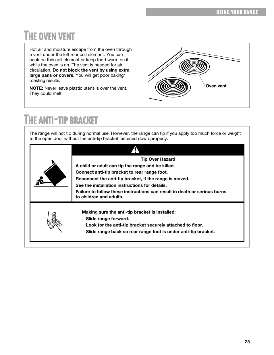 The oven vent, The anti-tip bracket, Oven | Vent, Anti, Bracket | Whirlpool FEP330G User Manual | Page 25 / 40