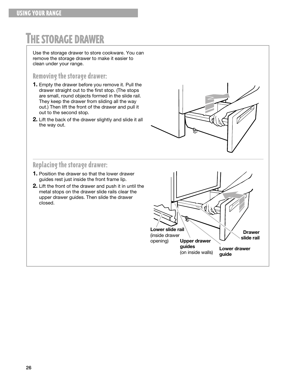 The storage drawer, Storage, Drawer | Whirlpool FEP330G User Manual | Page 26 / 40