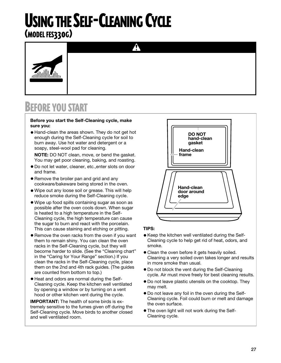 Using the self-cleaning cycle, Sing, Leaning | Ycle, Efore, Start | Whirlpool FEP330G User Manual | Page 27 / 40