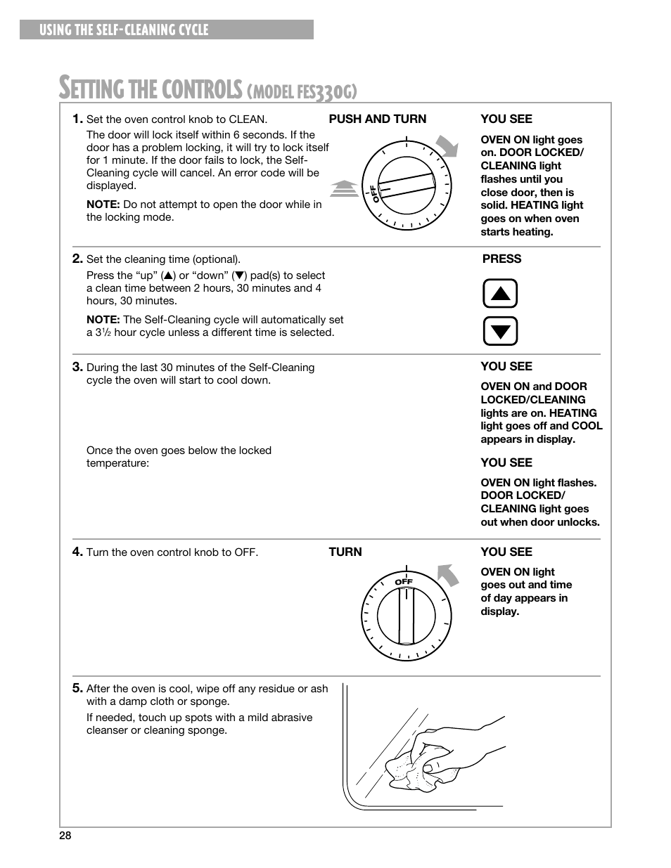 Etting, Controls, Model | Using the self-cleaning cycle | Whirlpool FEP330G User Manual | Page 28 / 40