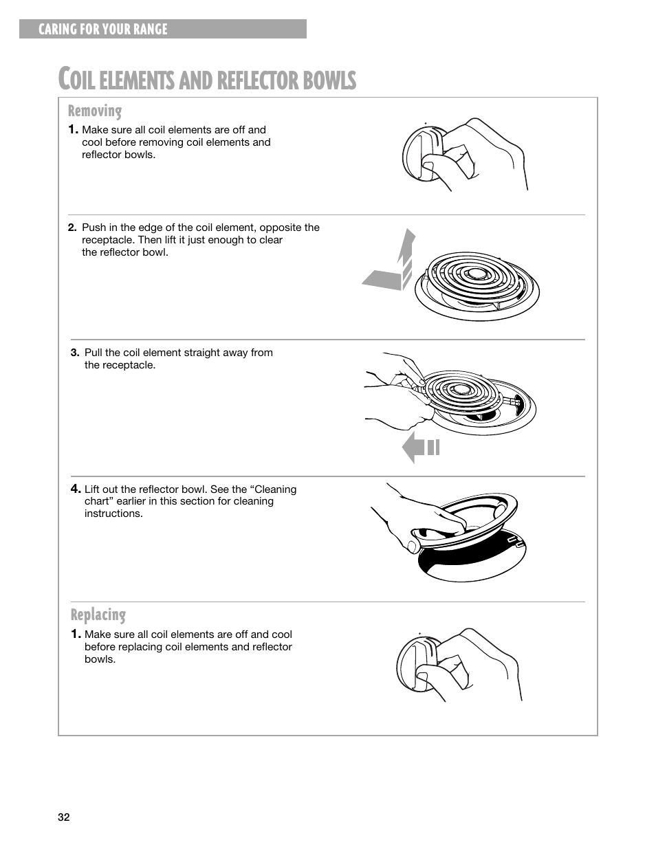 Coil elements and reflector bowls, Elements, Reflector | Bowls | Whirlpool FEP330G User Manual | Page 32 / 40