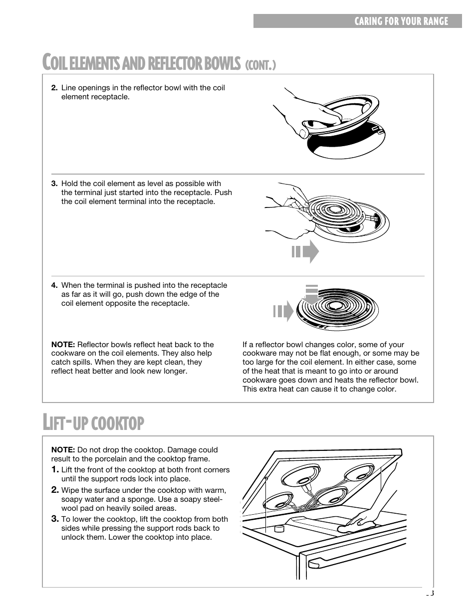 Lift-up cooktop, Cooktop, Elements | Reflector, Bowls | Whirlpool FEP330G User Manual | Page 33 / 40